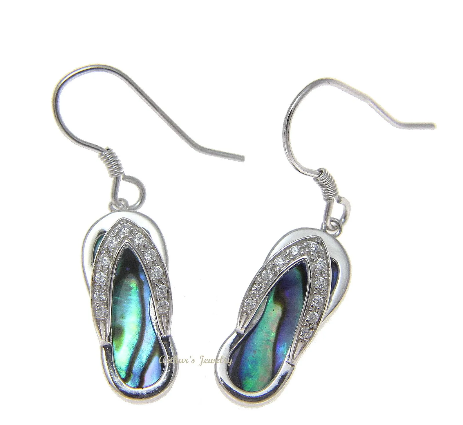 925 Sterling Silver Hawaiian CZ Slipper Abalone Shell Paua Wire Hook Earrings