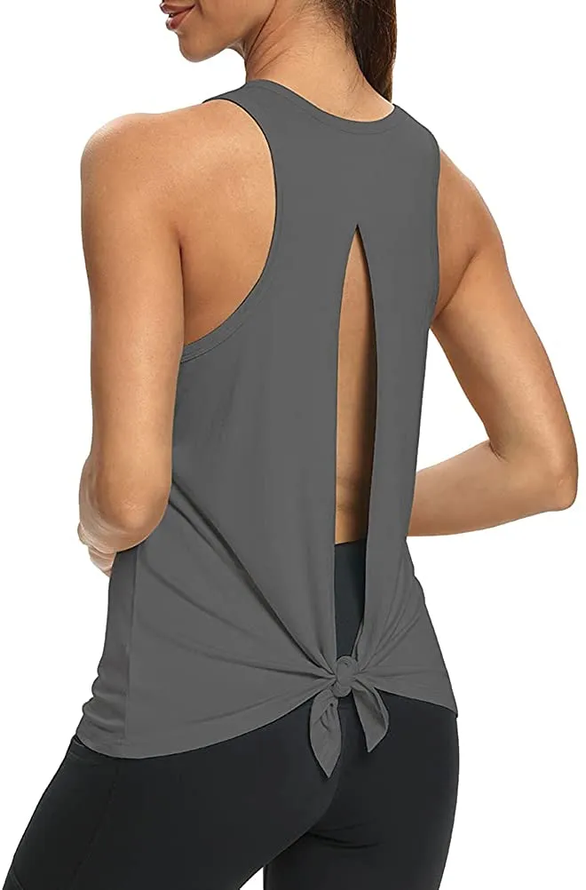 Mippo Womens Open Back Workout Yoga Shirts Sleeveless/Short Sleeve Tie Back Tops