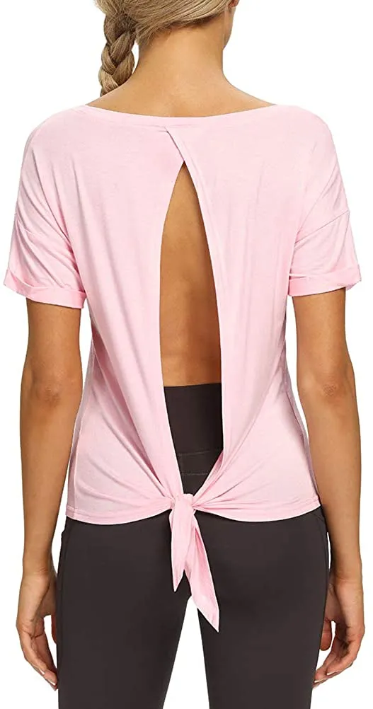 Mippo Womens Open Back Workout Yoga Shirts Sleeveless/Short Sleeve Tie Back Tops