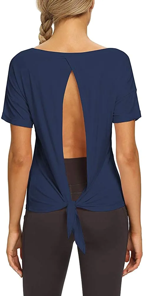 Mippo Womens Open Back Workout Yoga Shirts Sleeveless/Short Sleeve Tie Back Tops