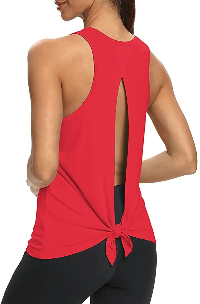 Mippo Womens Open Back Workout Yoga Shirts Sleeveless/Short Sleeve Tie Back Tops