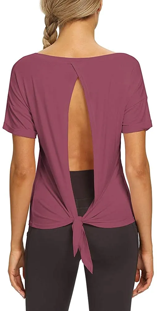 Mippo Womens Open Back Workout Yoga Shirts Sleeveless/Short Sleeve Tie Back Tops