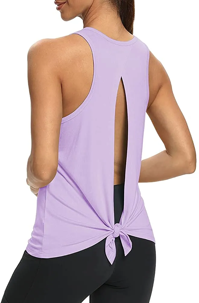Mippo Womens Open Back Workout Yoga Shirts Sleeveless/Short Sleeve Tie Back Tops