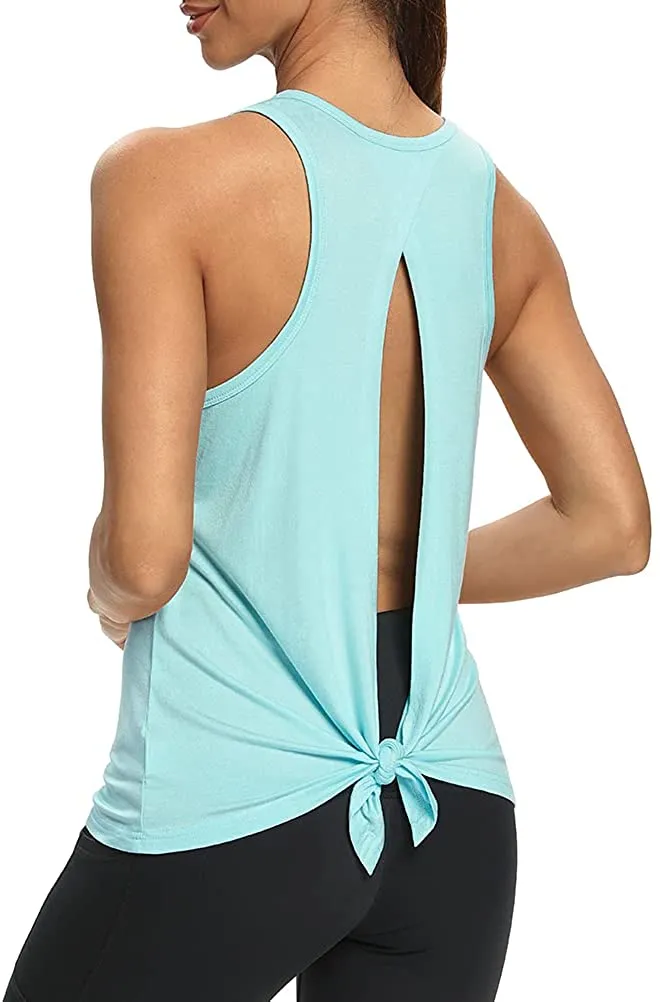 Mippo Womens Open Back Workout Yoga Shirts Sleeveless/Short Sleeve Tie Back Tops