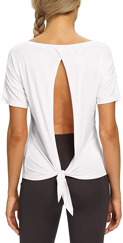 Mippo Womens Open Back Workout Yoga Shirts Sleeveless/Short Sleeve Tie Back Tops