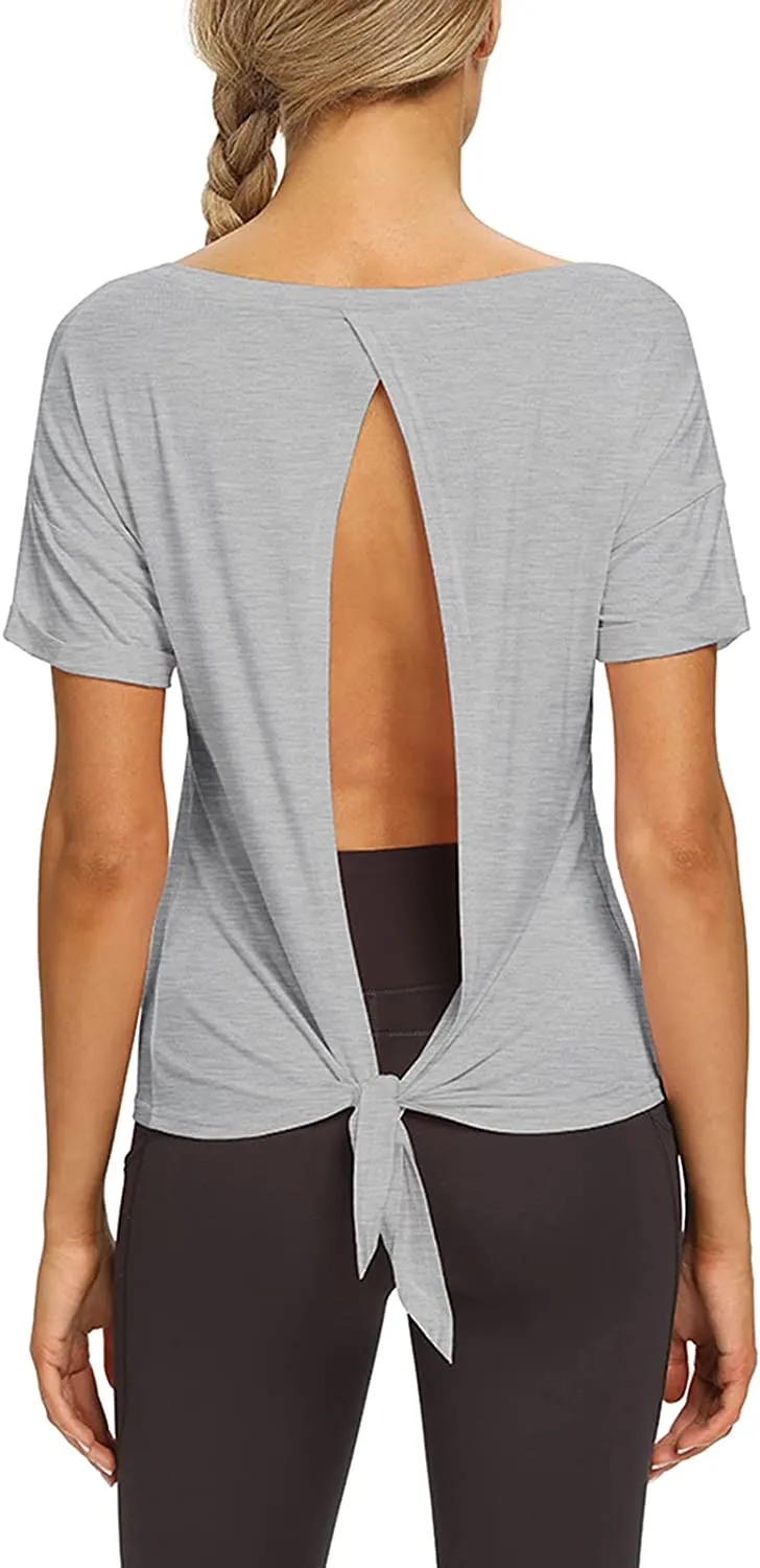 Mippo Womens Open Back Workout Yoga Shirts Sleeveless/Short Sleeve Tie Back Tops