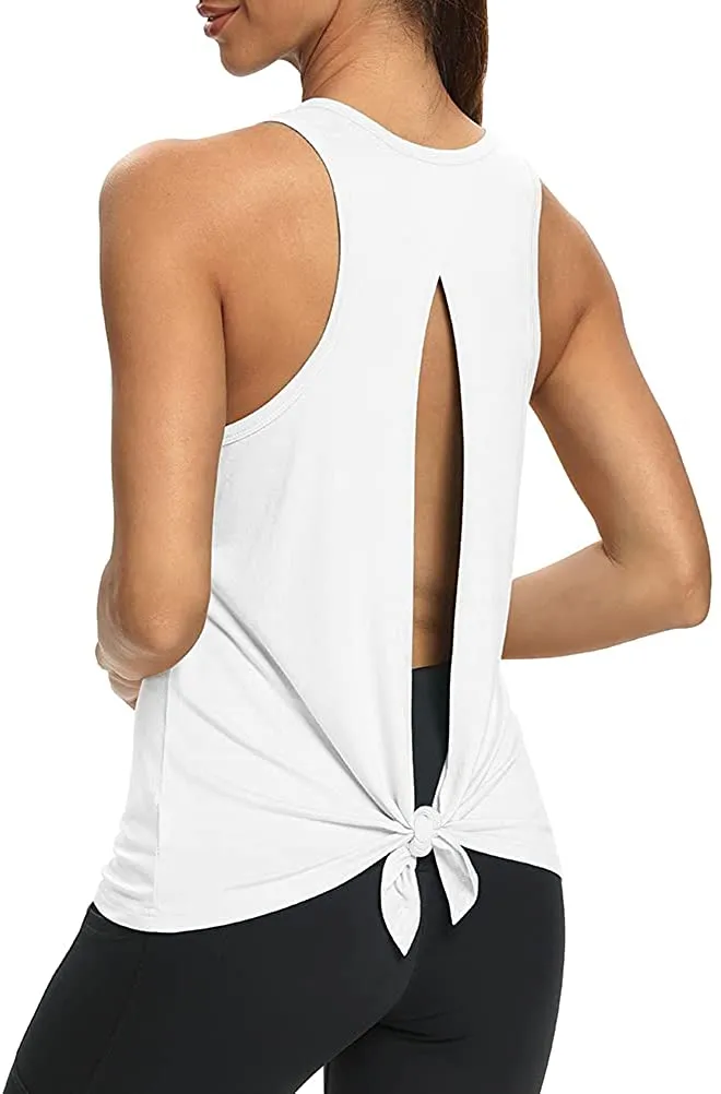 Mippo Womens Open Back Workout Yoga Shirts Sleeveless/Short Sleeve Tie Back Tops