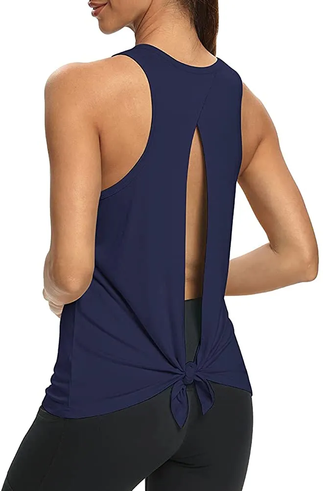 Mippo Womens Open Back Workout Yoga Shirts Sleeveless/Short Sleeve Tie Back Tops