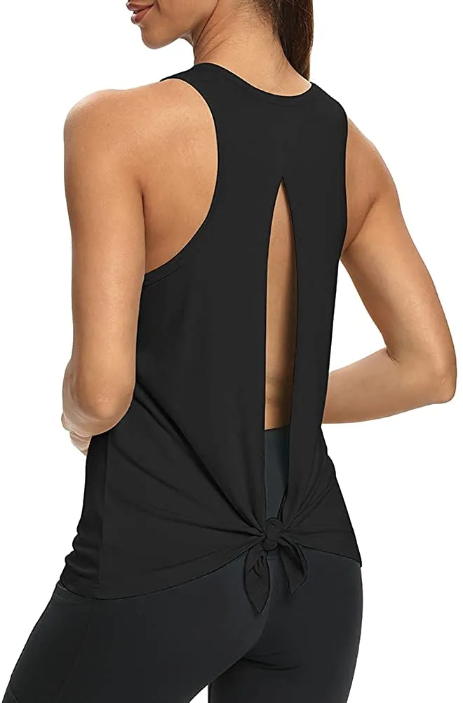 Mippo Womens Open Back Workout Yoga Shirts Sleeveless/Short Sleeve Tie Back Tops