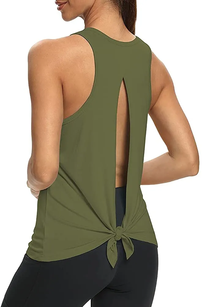 Mippo Womens Open Back Workout Yoga Shirts Sleeveless/Short Sleeve Tie Back Tops