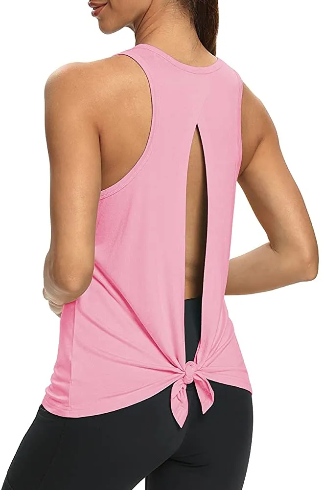 Mippo Womens Open Back Workout Yoga Shirts Sleeveless/Short Sleeve Tie Back Tops
