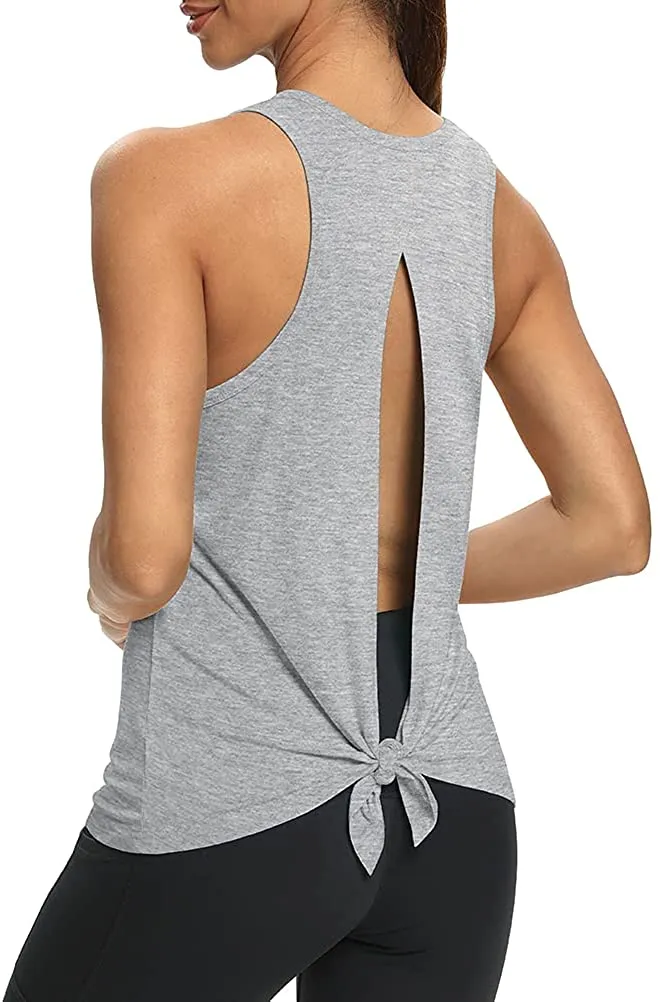 Mippo Womens Open Back Workout Yoga Shirts Sleeveless/Short Sleeve Tie Back Tops