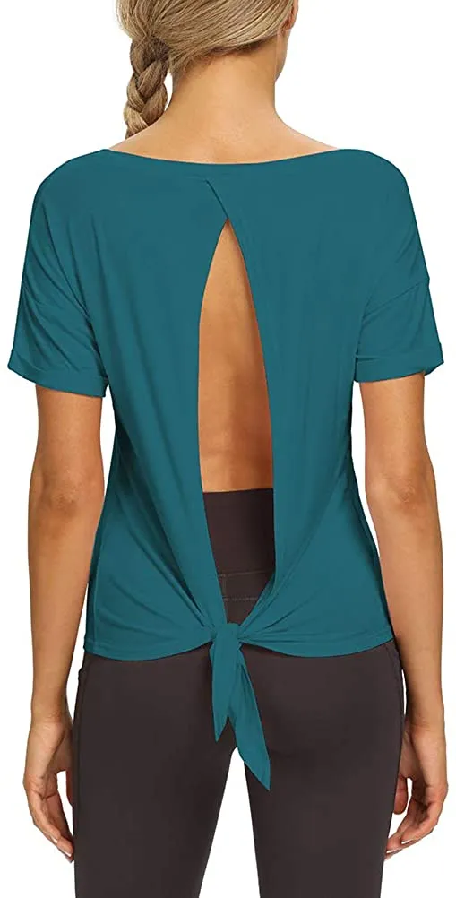 Mippo Womens Open Back Workout Yoga Shirts Sleeveless/Short Sleeve Tie Back Tops