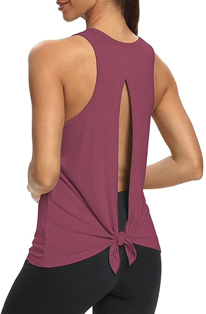 Mippo Womens Open Back Workout Yoga Shirts Sleeveless/Short Sleeve Tie Back Tops